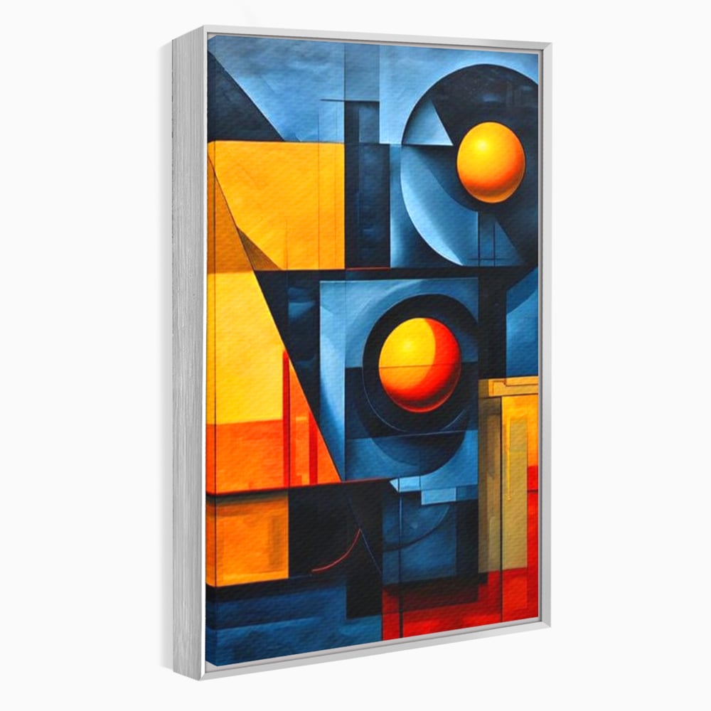 Tablou canvas cu pictura abstracta cu forme geometrice, in rama de aluminiu argintiu